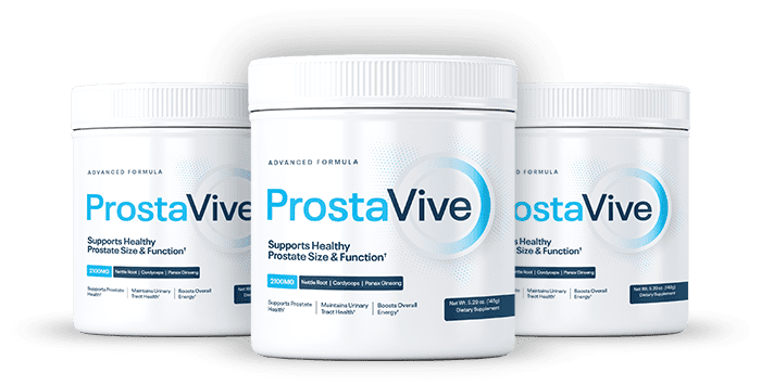 A single bottle of ProstaVive supplement next to a scoop with product powder, surrounded by natural ingredients on a clean background.